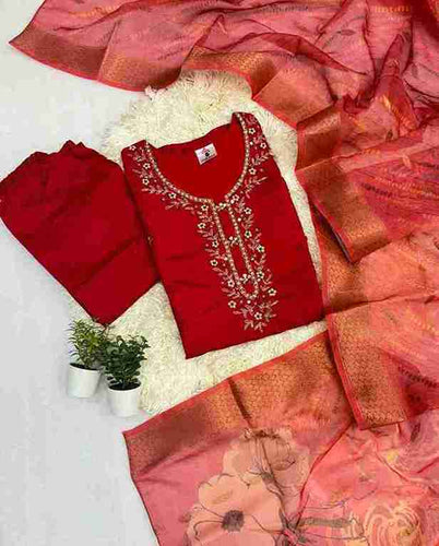 Roman Silk Fabric Kurti with Handwork Neck & Butti Work