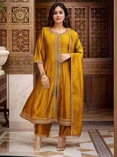 New Trendy Festival Women's Straight Heavy Embroidered Worked Anarkali and Pant With Dupatta set.