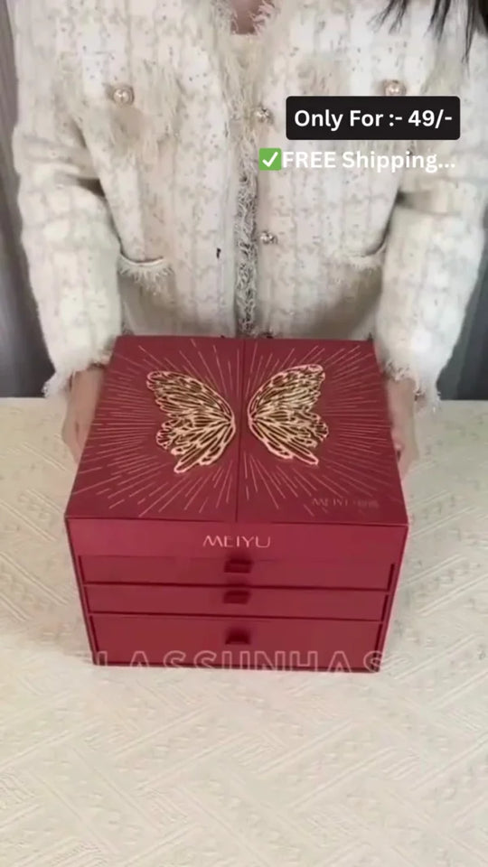 Luxury All-in-One Makeup Gift Box with Lipsticks, Compact Powder, Eyeshadow Palette, Brushes, Perfume, and Beauty Essentials in Elegant Red Heart-Shaped Packaging – Perfect Cosmetic Kit for Women and Girls