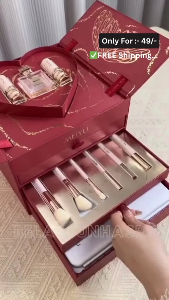 Luxury All-in-One Makeup Gift Box with Lipsticks, Compact Powder, Eyeshadow Palette, Brushes, Perfume, and Beauty Essentials in Elegant Red Heart-Shaped Packaging – Perfect Cosmetic Kit for Women and Girls