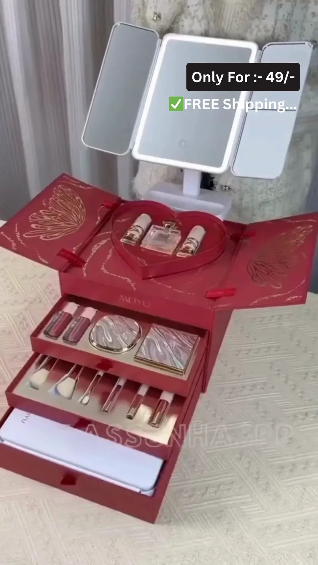 Luxury All-in-One Makeup Gift Box with Lipsticks, Compact Powder, Eyeshadow Palette, Brushes, Perfume, and Beauty Essentials in Elegant Red Heart-Shaped Packaging – Perfect Cosmetic Kit for Women and Girls