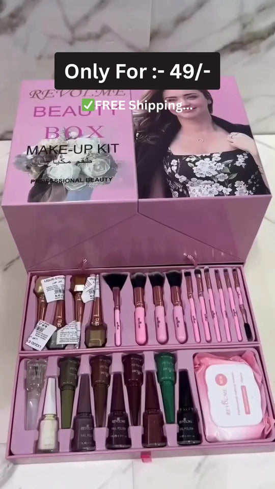 All-in-One Revolme Beauty Box Makeup Kit with Brushes, Nail Polishes, Lipsticks, Foundations, Serums, Eyeliners, and Skincare Essentials – Professional Complete Cosmetic Set for Daily and Party Use