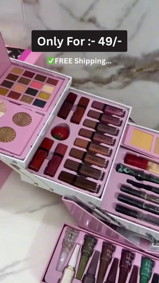 All-in-One Revolme Beauty Box Makeup Kit with Brushes, Nail Polishes, Lipsticks, Foundations, Serums, Eyeliners, and Skincare Essentials – Professional Complete Cosmetic Set for Daily and Party Use