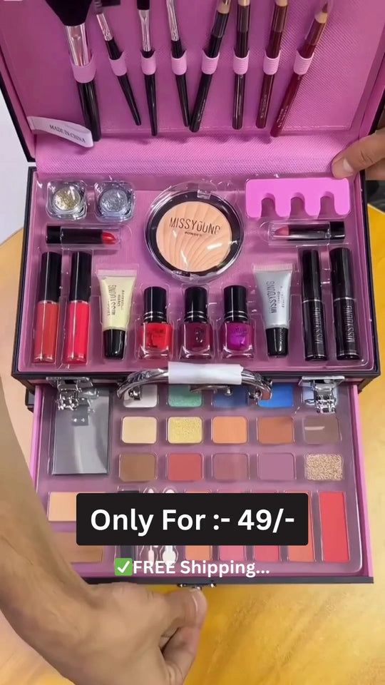 All-in-One Professional Makeup Kit Box with Eyeshadows, Lipsticks, Nail Paints, Brushes, Blushers, Foundation, Kajal, Eyeliners, and Beauty Tools – Complete Cosmetic Set for Women and Girls