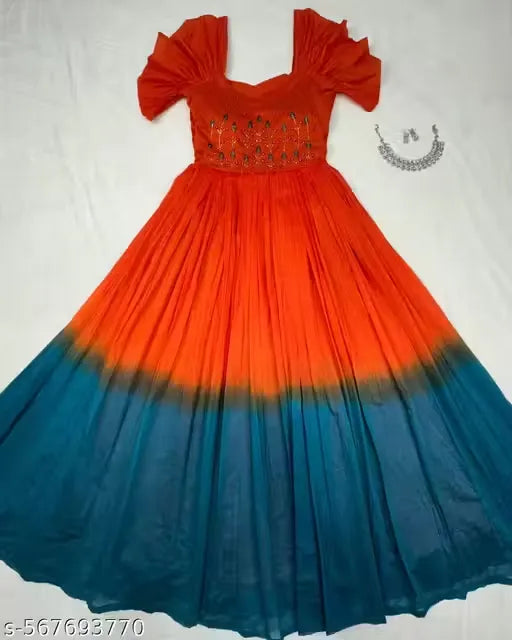 Stylish Ombre Anarkali Gown for Women | Embroidered Puff Sleeve Party Wear Long Gown | Ethnic Festive Dress