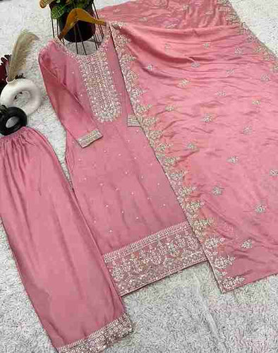 Heavy Chinon Silk With Heavy Embroidery Work with Rivet Work Dupatta with Embroidery