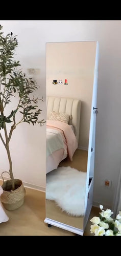 Full-length Mirror Jewelry Cabinet, SimpleWise Lockable Jewelry Organizer, Large Space Jewelry Armoire 4 Wheels 360° Rotating Floor Free Standing, with Built-in Makeup Mirror, White