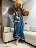 Trendy kurta set, Designer Kurta Women's Nevy blue Colour Vichitra silk V-neck Embroidered Straight Kurta Pant with Dupatta Set