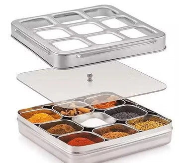 Square Stainless Steel Spice Box, Organiser With 9 Compartment